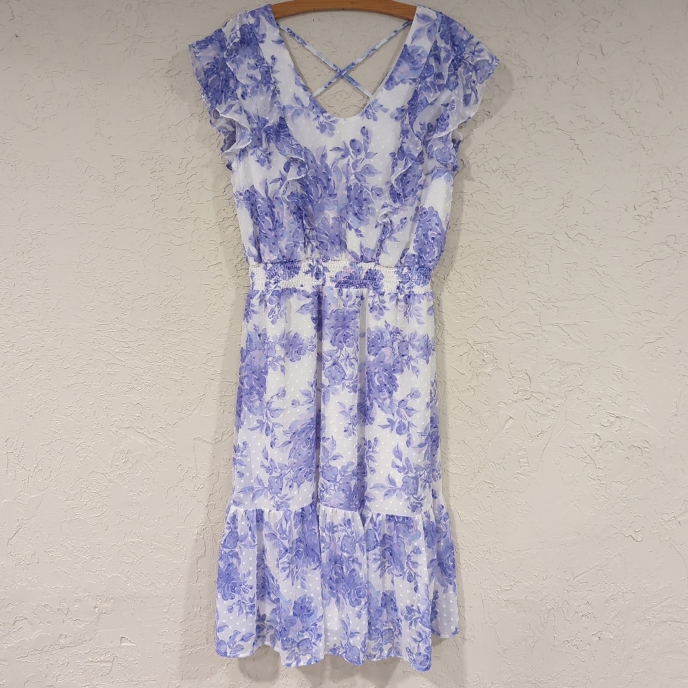 Place White & Purple Floral Mid Length Flowy Dress- Women's L Easter Ruffle